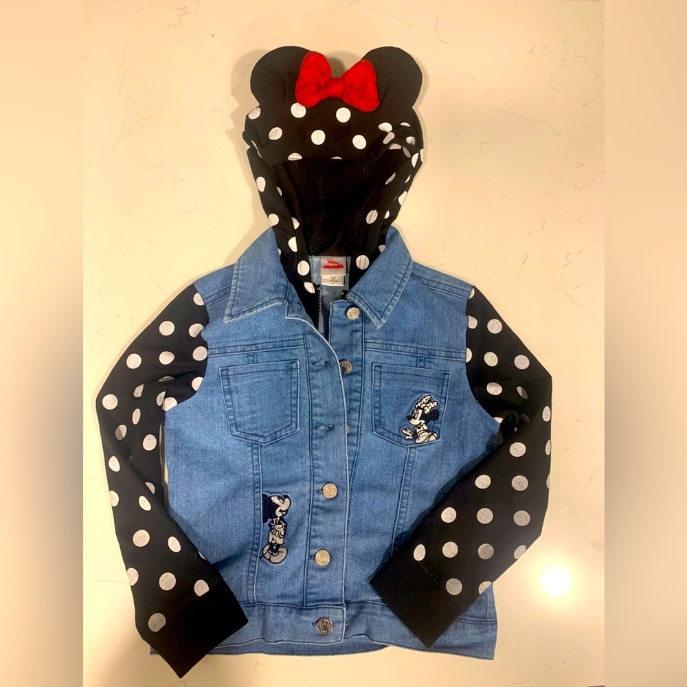 DISNEY | Jean Jacket Minnie Mouse Ears Hood SZ 6 polka dot sleeves Zip OR Button